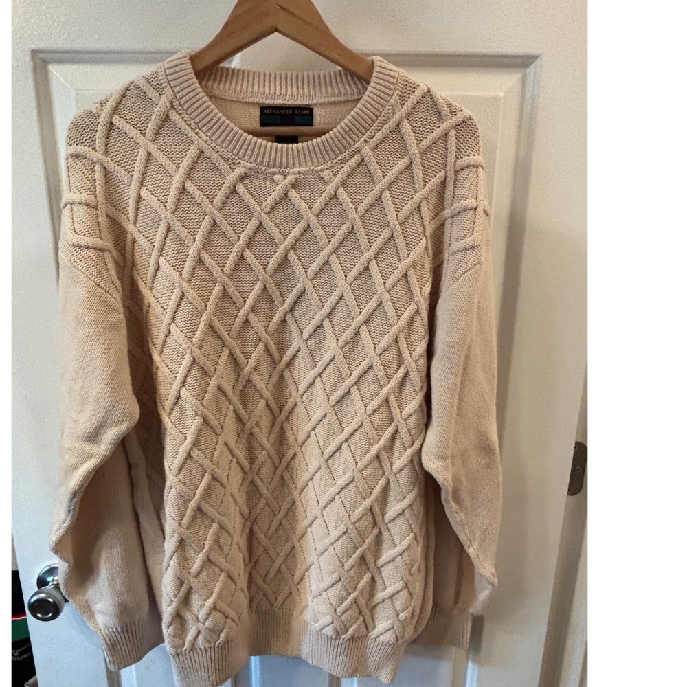 Vtg. Alexander Julian Colours Mens Cream Diamond Cable Knit Cotton Sweater XXL
